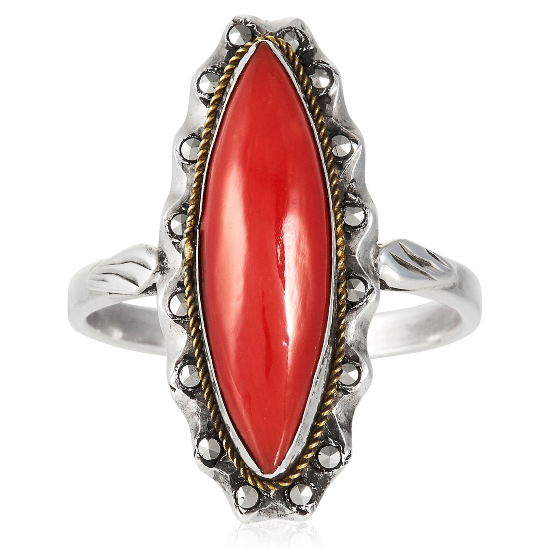 TWO CORAL AND MARCASITE RINGS each set with polished coral and marcasite, 6.50g. - Bild 2 aus 2