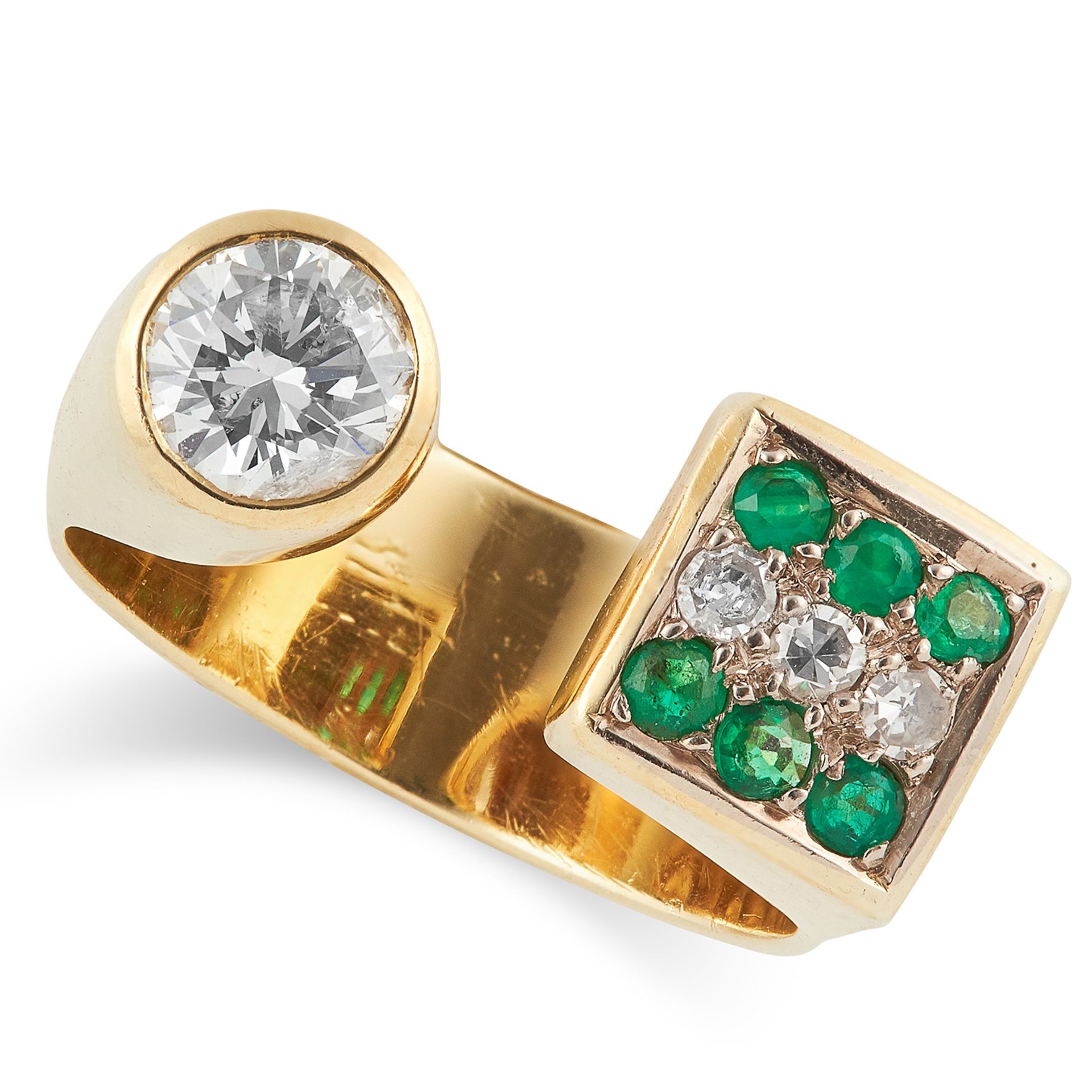 ABSTRACT DIAMOND AND EMERALD RING set with round cut diamonds and round cut emeralds, N / 7, size