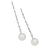 PEARL AND DIAMOND EARRINGS each comprising of a line of round cut diamonds suspending a pearl
