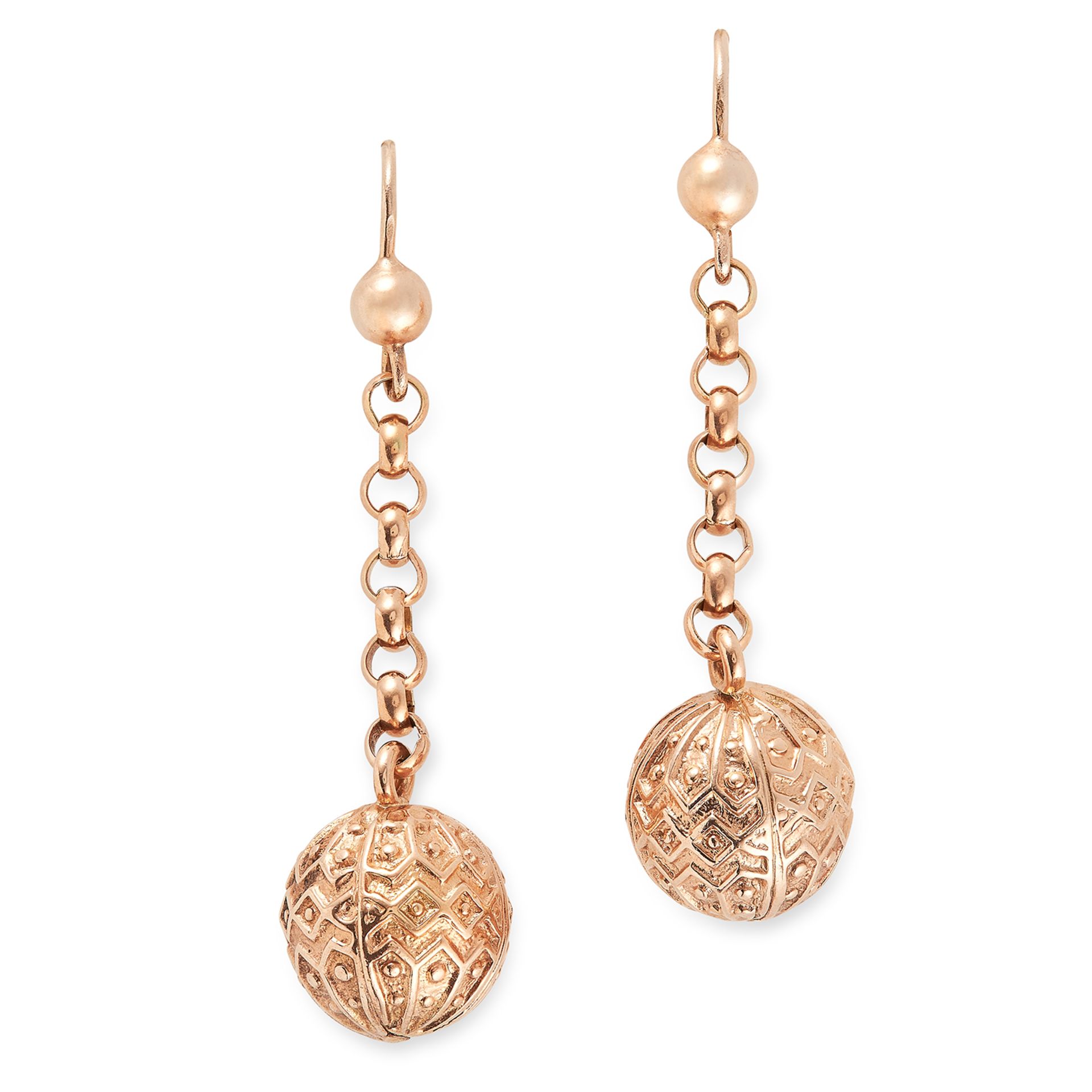 ANTIQUE GOLD DROP EARRINGS set with ornate gold beads, 4.5cm, 7.2g.