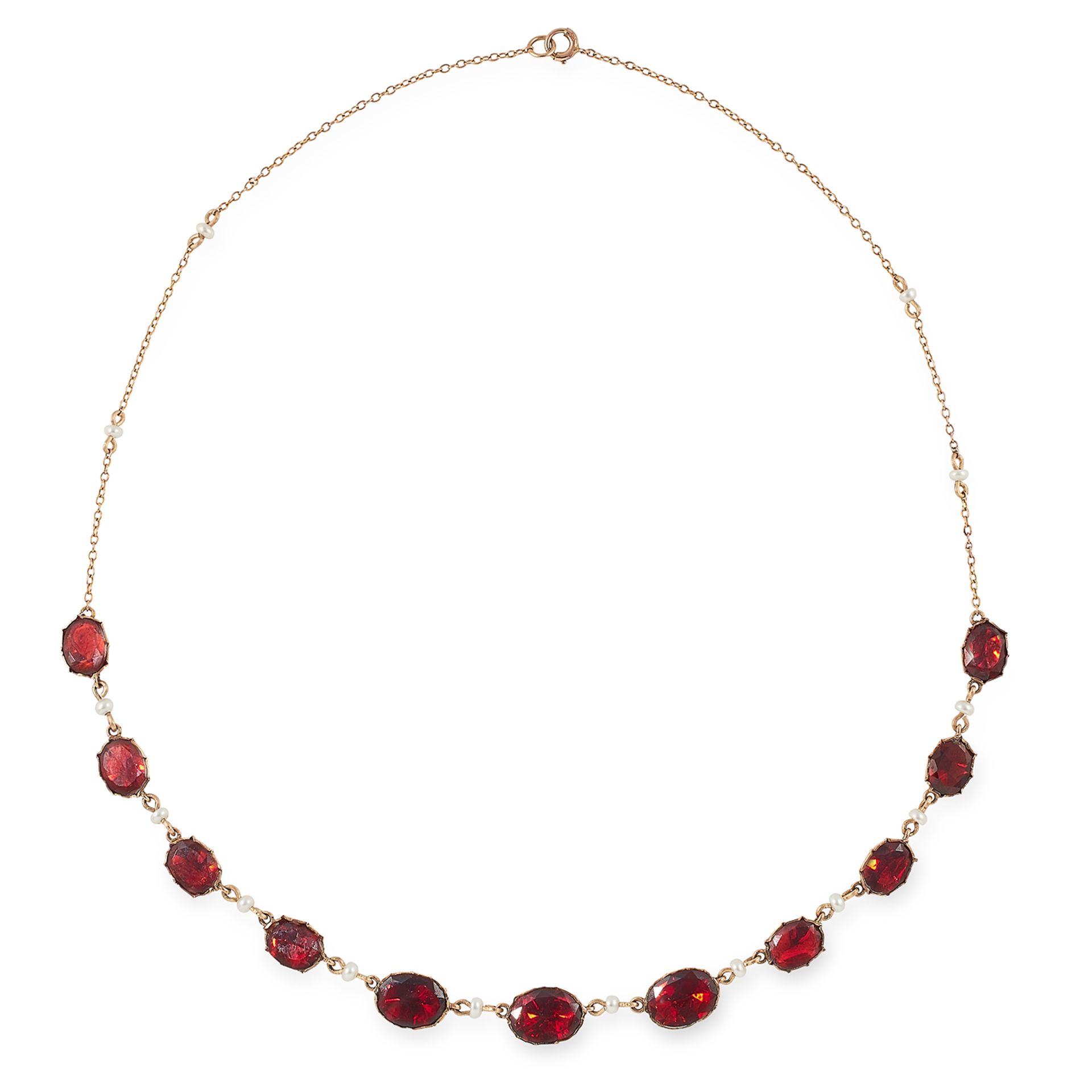 ANTIQUE GARNET AND SEED PEARL NECKLACE set with oval cut garnets and seed pearls, 43cm, 7g.