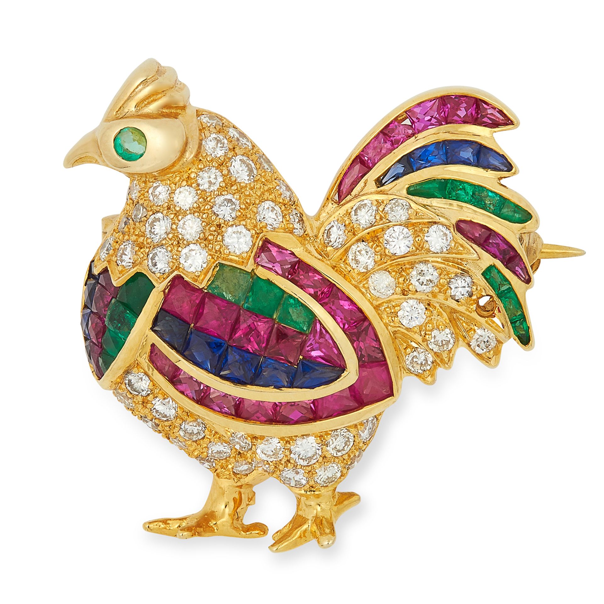 GEMSET COCKERAL BROOCH set with step cut rubies, sapphires and emeralds and round cut diamonds and