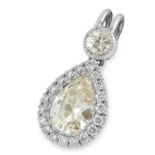 DIAMOND PENDANT set with a central pear cut diamond in a halo of round cut diamonds, 2cm, 1.5g.