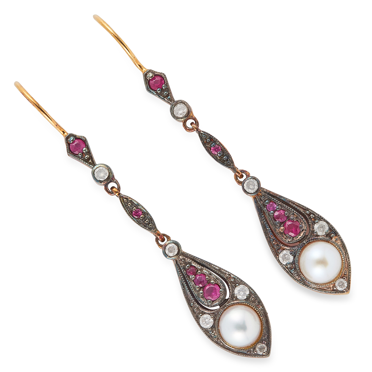 RUBY, DIAMOND AND PEARL EARRINGS, set with round cut rubies, round cut diamonds and pearls, 5cm, 3.