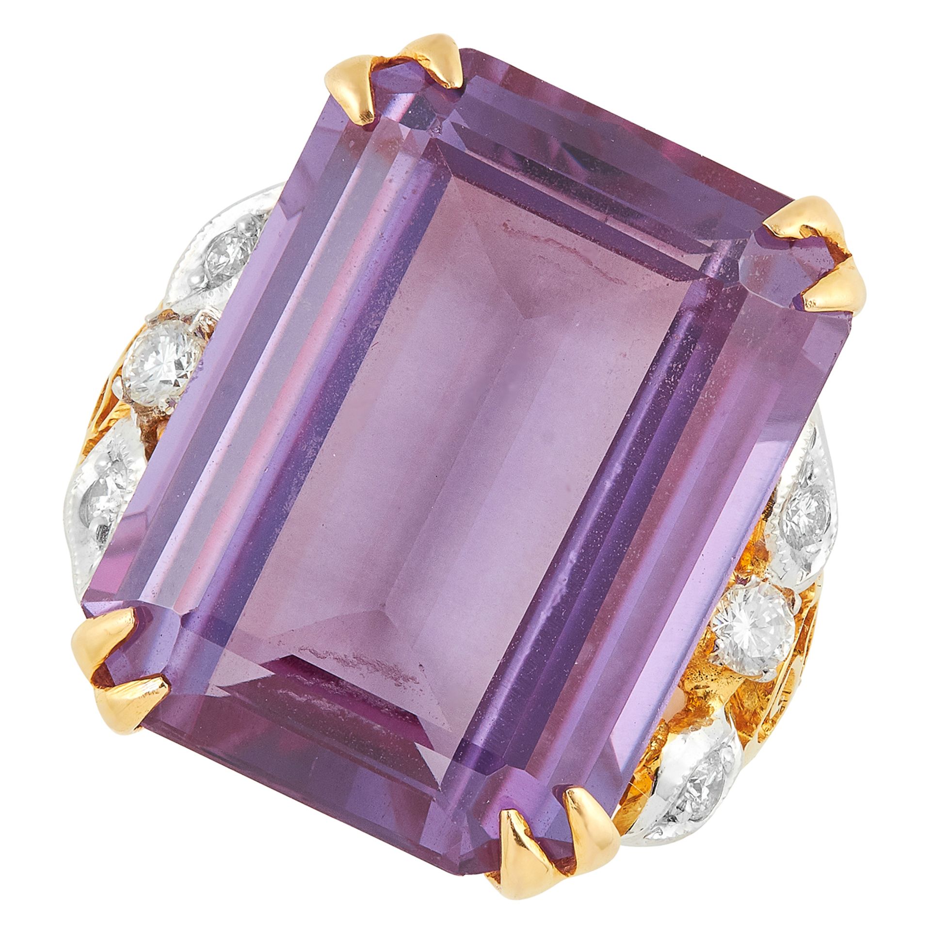 AMETHYST AND DIAMOND DRESS RING set with an emerald cut amethyst and round cut diamonds, size: M /