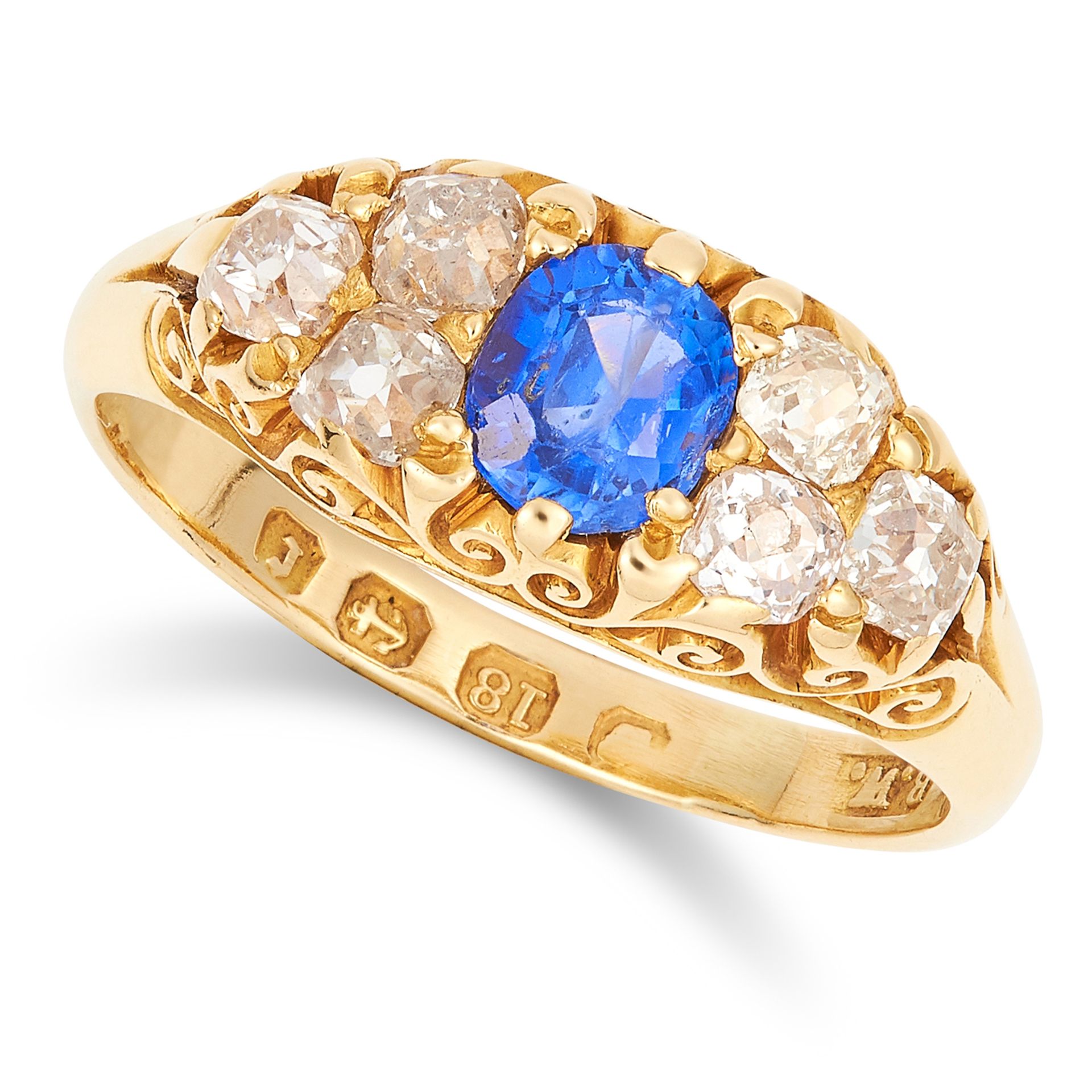 ANTIQUE VICTORIAN SAPPHIRE AND DIAMOND RING, 1891 set with an oval cut sapphire of 0.80 carats and