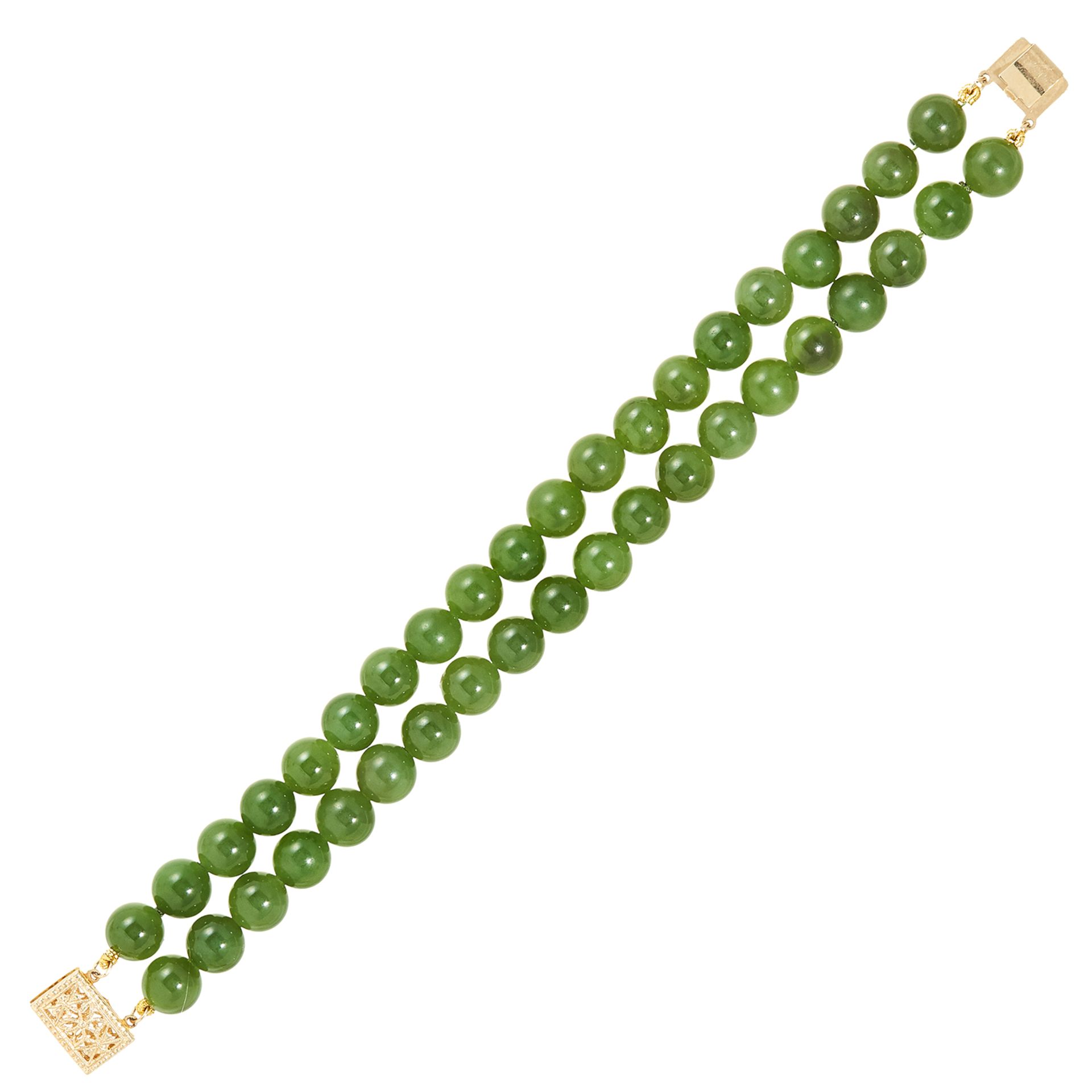 JADE BEAD BRACELET comprising of two rows of polished jade beads, 17cm, 31.81g.