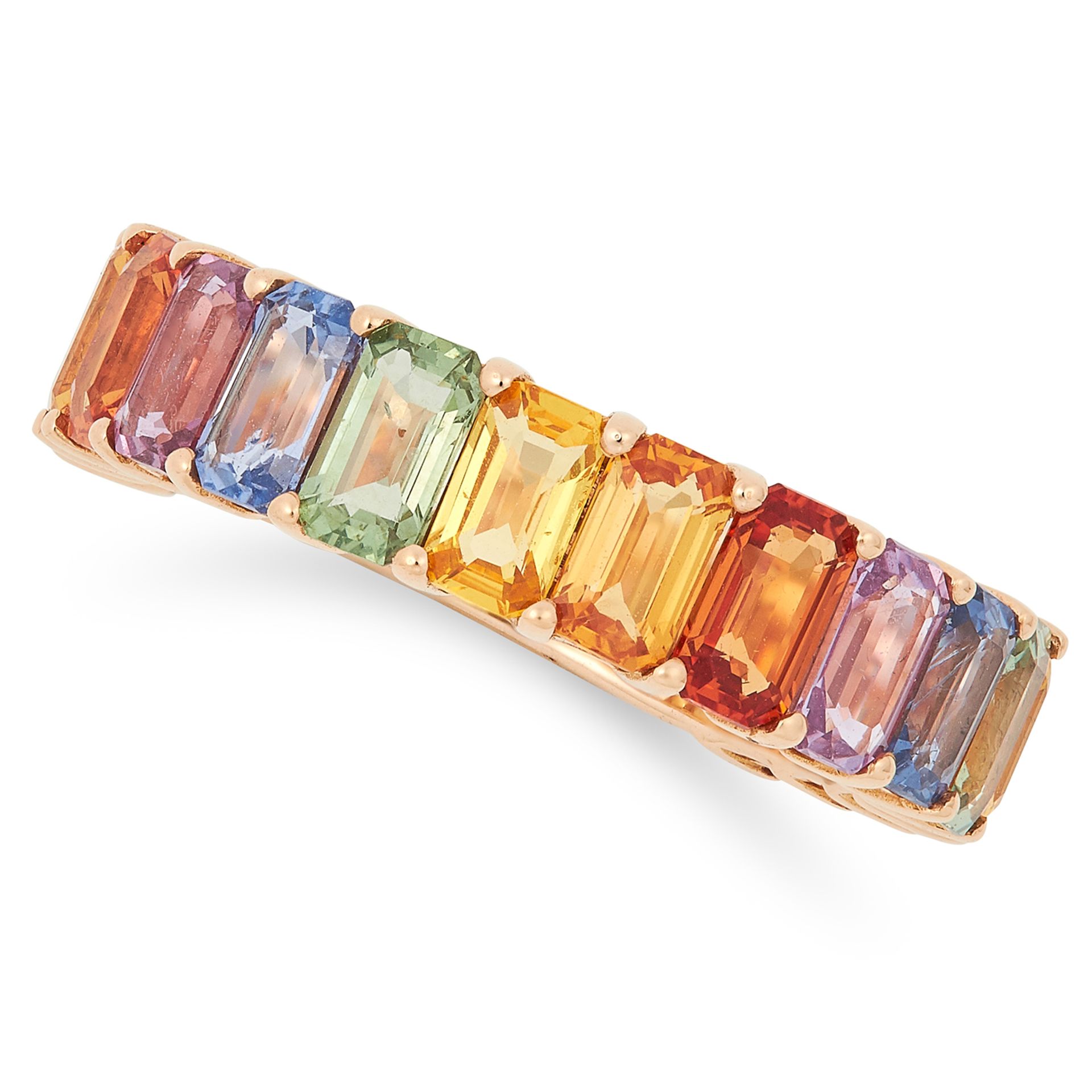 MULTICOLOUR SAPPHIRE RING set with emerald cut multicolour sapphires, size N / 6.5, 5.2g.