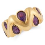 AMETHYST RING set with seven pear cut amethyst in gold border, size M / 6, 9.7g.