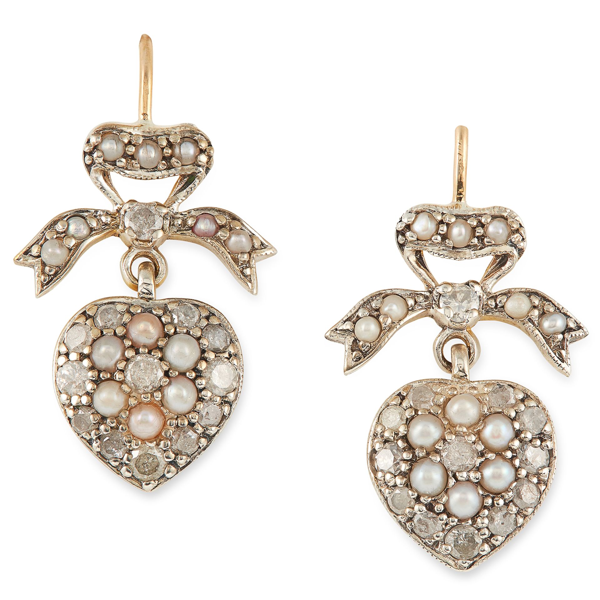 DIAMOND AND PEARL SWEETHEART EARRINGS in ribbon and heart motif set with round cut diamonds and