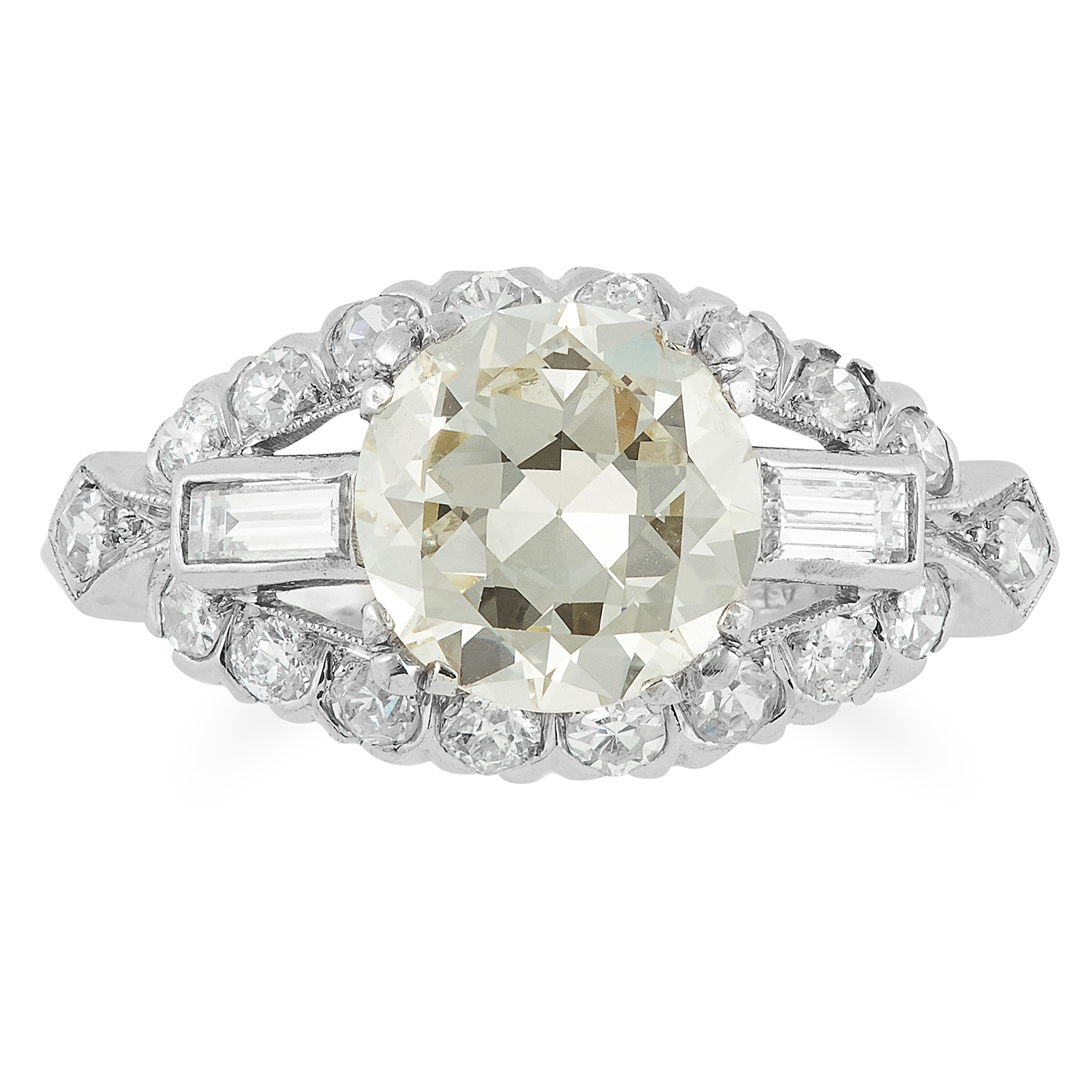 DIAMOND DRESS RING set with a transitional cut diamond in a border of baguette and round diamonds,