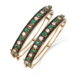 TWO EMERALD, DIAMOND AND ENAMEL BANGLES set with alternating round cut diamonds and emeralds on