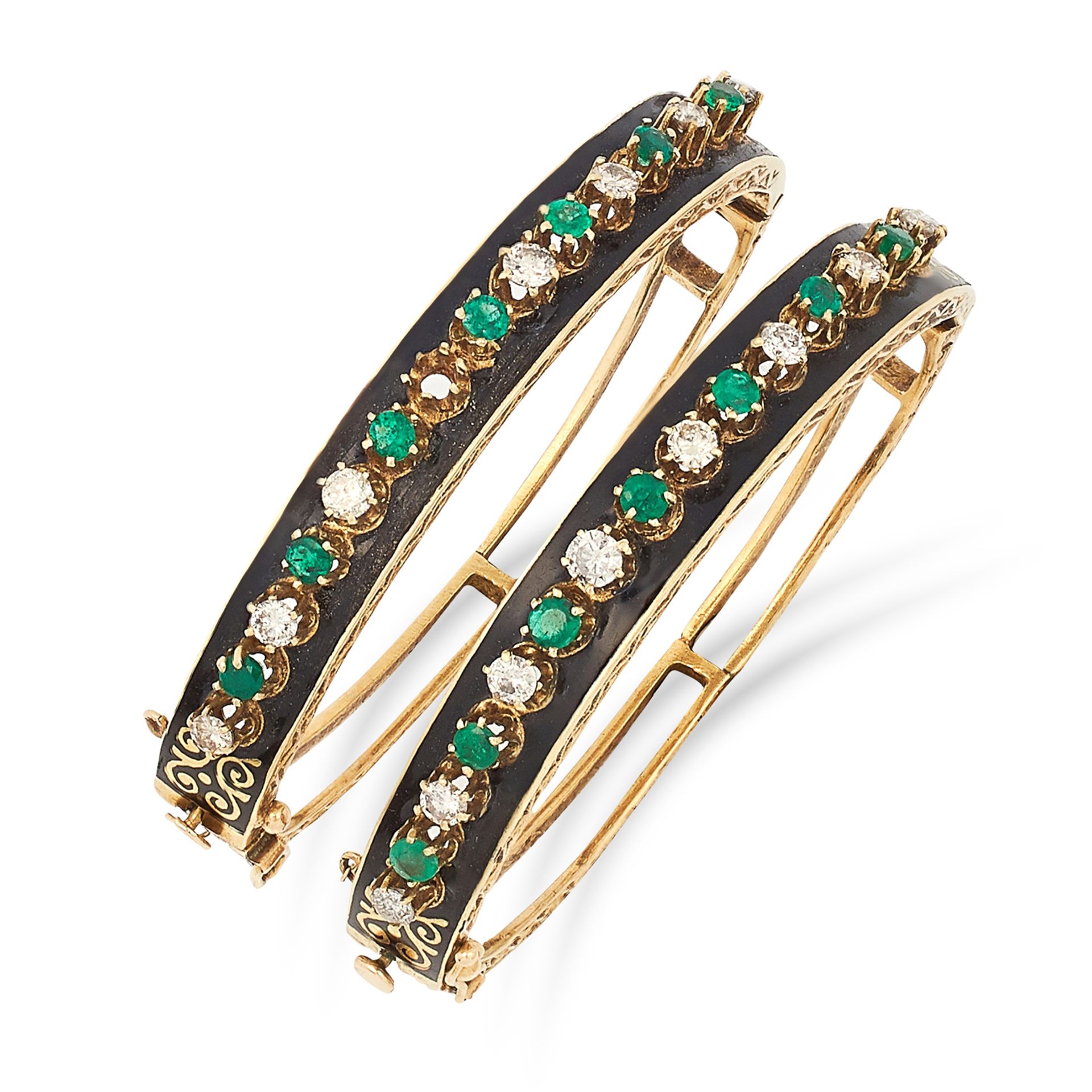 TWO EMERALD, DIAMOND AND ENAMEL BANGLES set with alternating round cut diamonds and emeralds on