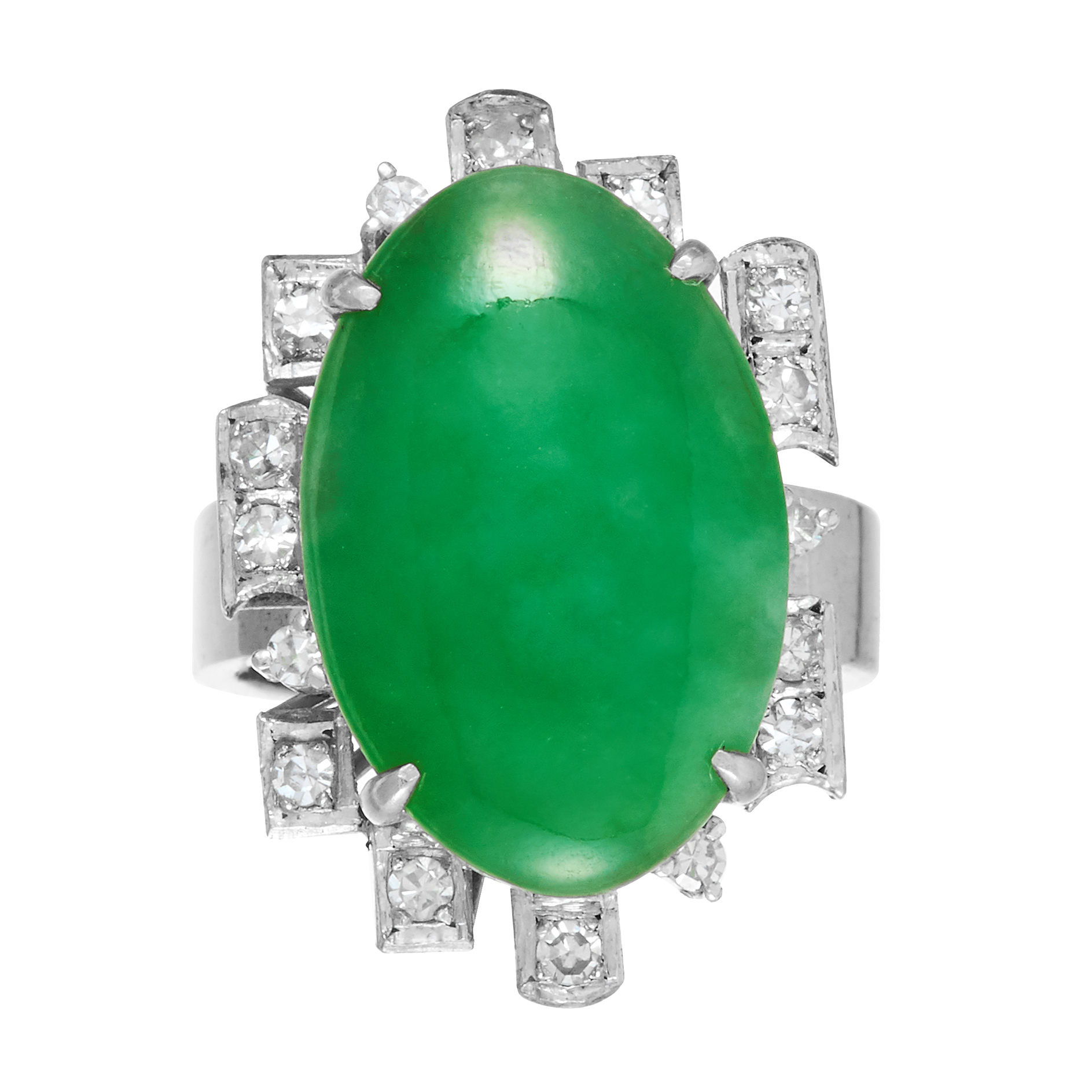 JADEITE JADE AND DIAMOND DRESS RING the oval jade cabochon within a geometric diamond border, size L