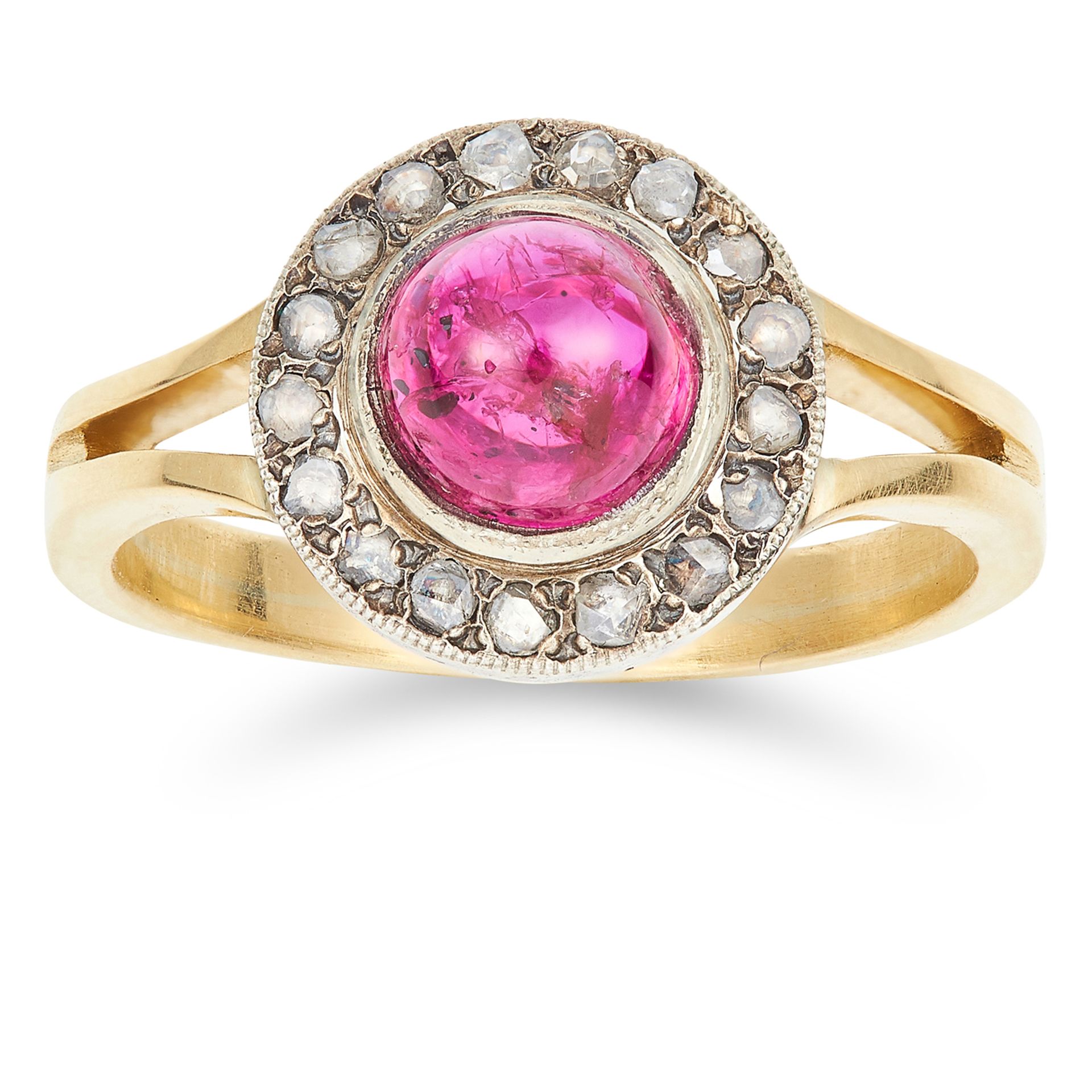 UNHEATED 1.92 CARAT RUBY AND DIAMOND RING set with a circular cabochon ruby and rose cut diamonds,