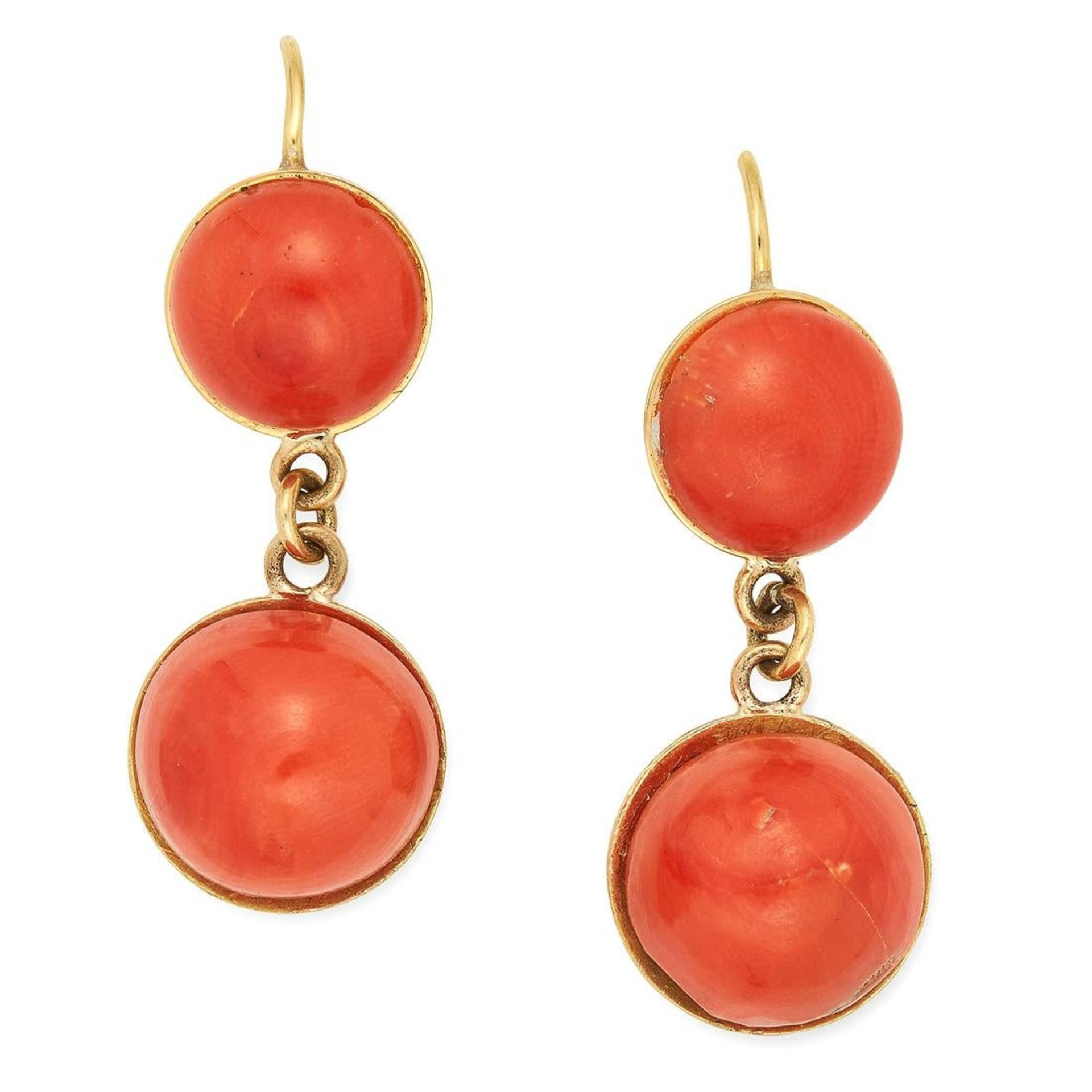 ANTIQUE CORAL EARRINGS each set with two cabochon coral, 3.3cm, 7.9g.