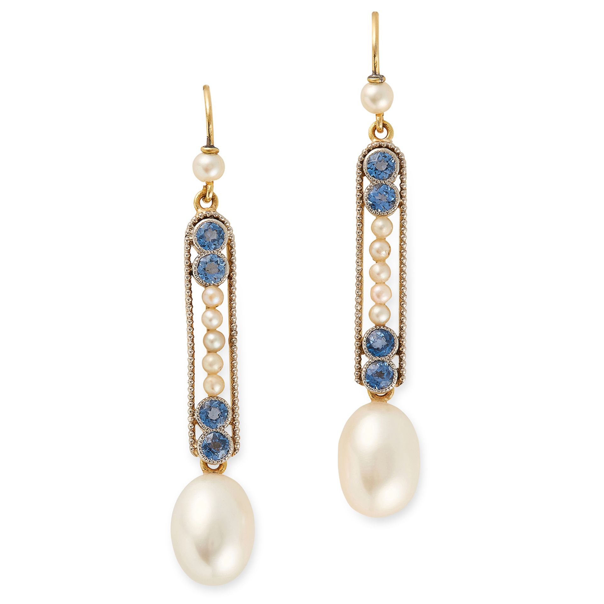 PEARL AND SAPPHIRE DROP EARRINGS set with round cut sapphires and pearls, 5cm, 7.3g.