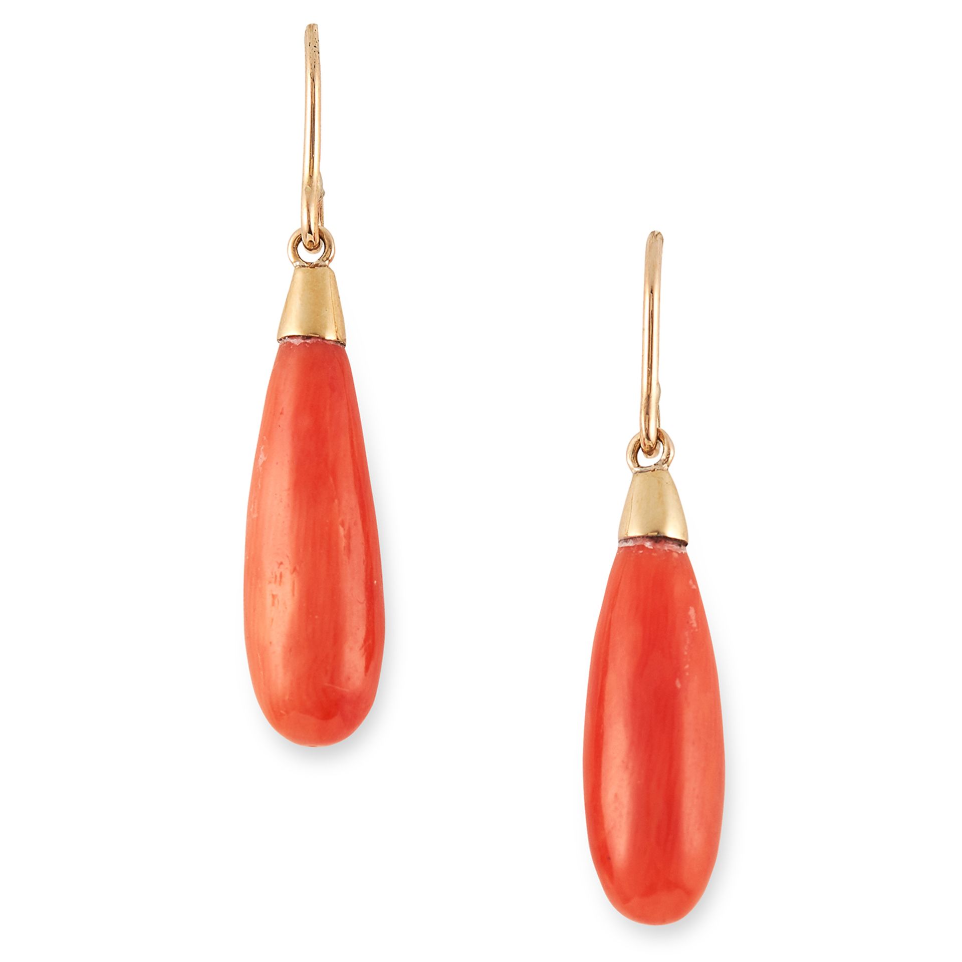 CORAL DROP EARRINGS each formed of a polished coral briolette, 3cm, 2.6g.