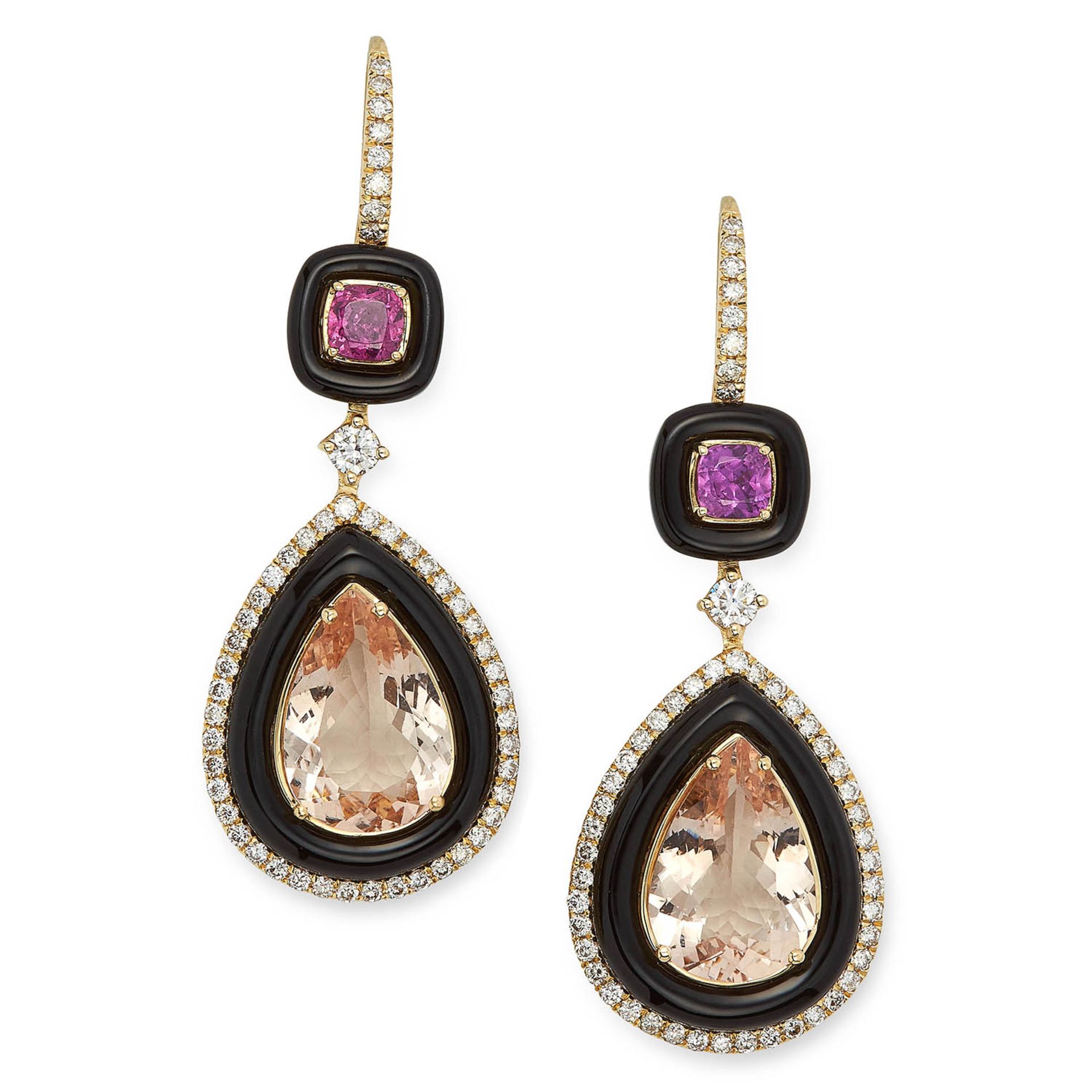 MORGANITE, ONYX AND DIAMOND DROP EARRINGS each set with a pear cut morganite in a border of polished