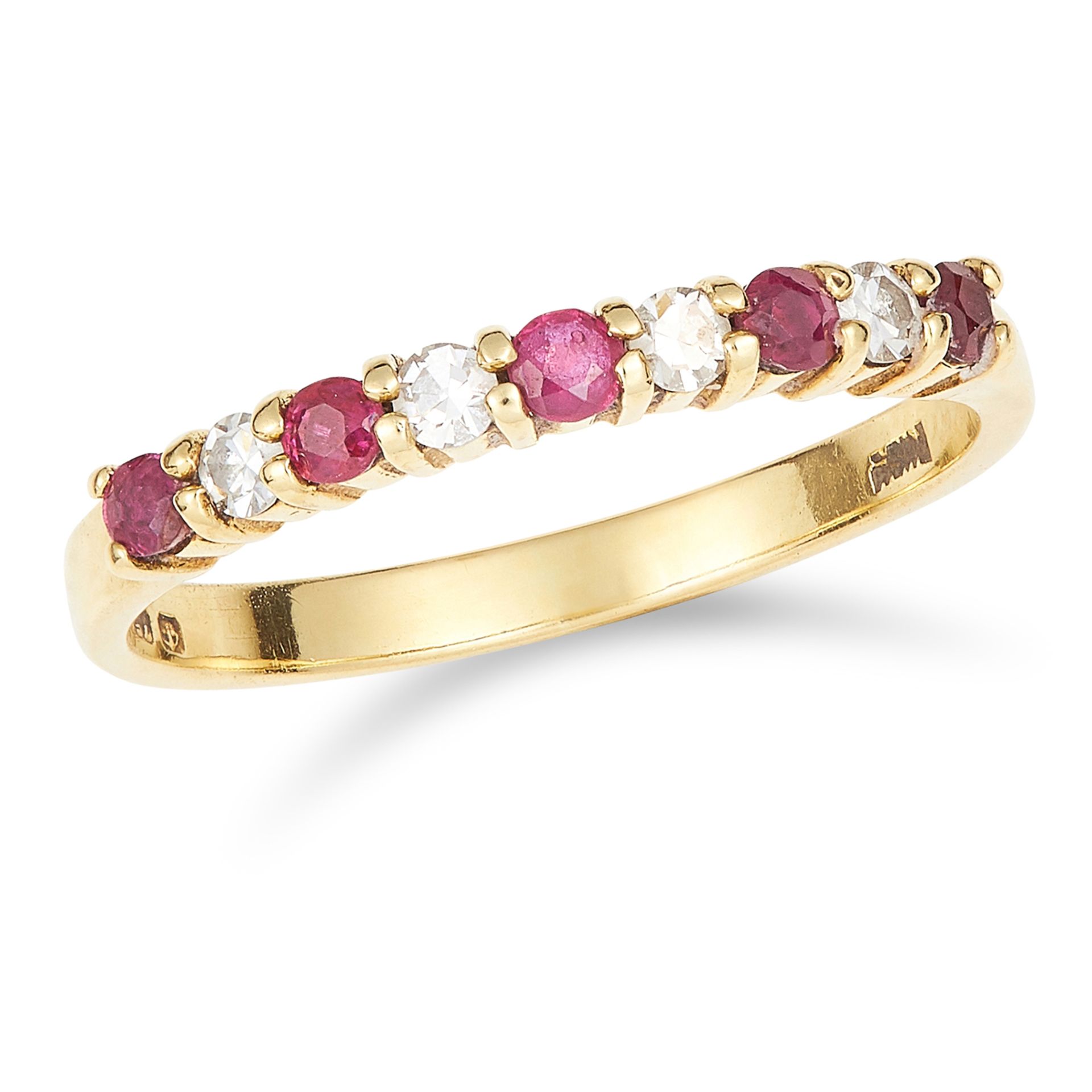 RUBY AND DIAMOND HALF ETERNITY RING set with alternating round cut rubies and diamonds, size L / 5.