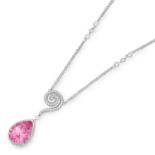A PINK TOPAZ AND DIAMOND PENDANT NECKLACE set with a pear brilliant cut pink topaz encircled by