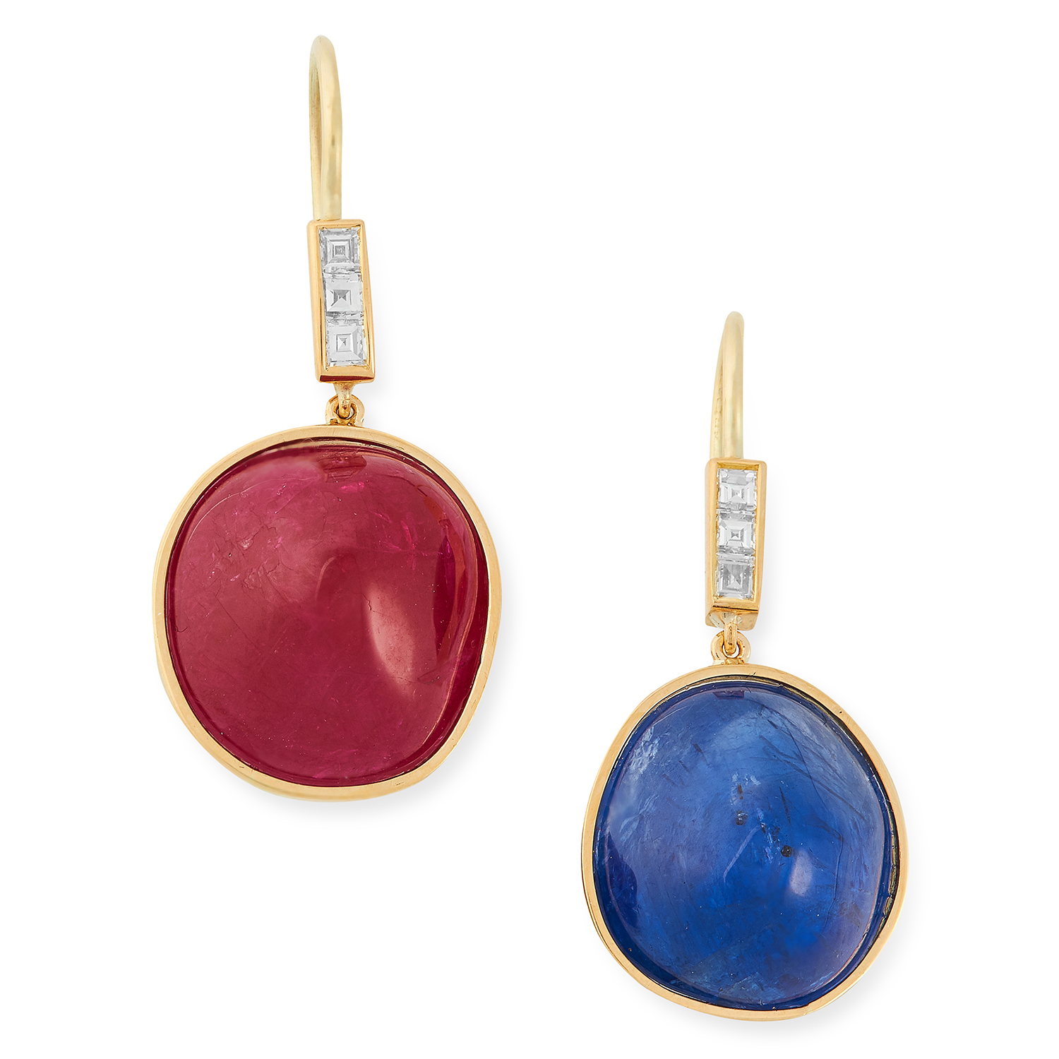 A PAIR OF BURMA NO HEAT RUBY, SAPPHIRE AND DIAMOND EARRINGS comprising of a row of step cut diamonds