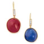 A PAIR OF BURMA NO HEAT RUBY, SAPPHIRE AND DIAMOND EARRINGS comprising of a row of step cut diamonds