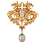 AN ART NOUVEAU NATURAL PEARL, DIAMOND AND ENAMEL BROOCH set with a natural bronze pearl, round cut