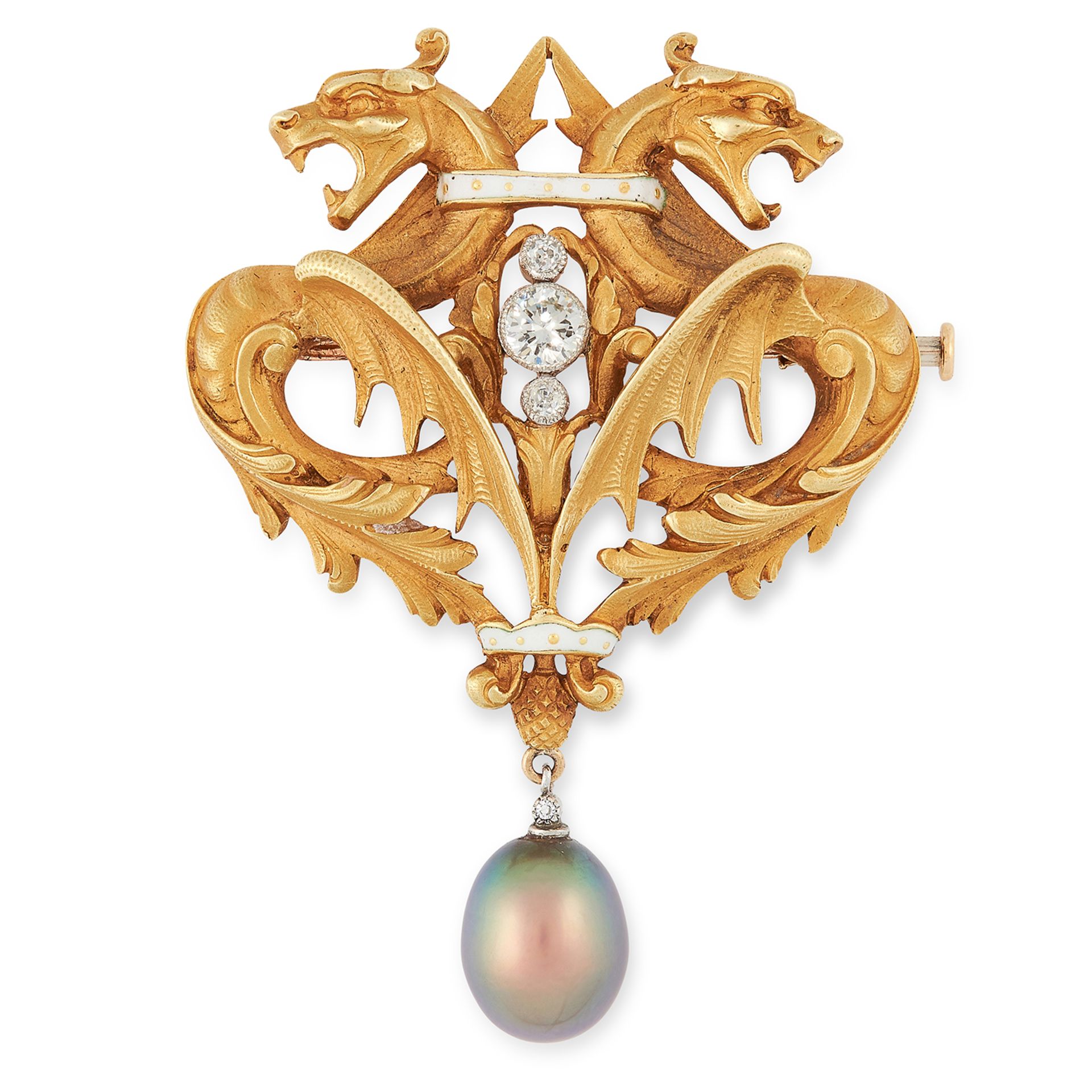 AN ART NOUVEAU NATURAL PEARL, DIAMOND AND ENAMEL BROOCH set with a natural bronze pearl, round cut