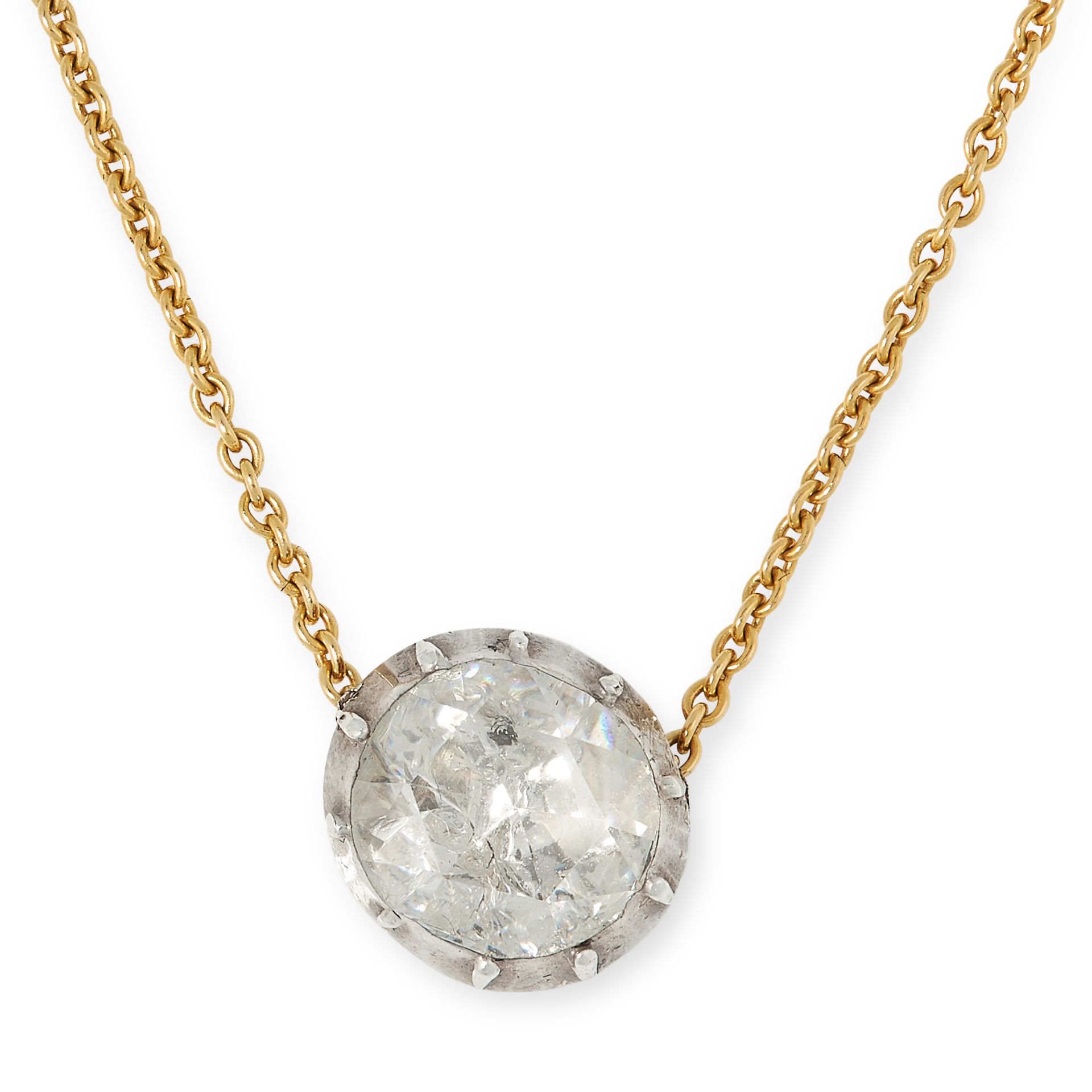 A DIAMOND PENDANT set with a rose cut diamond on gold chain, unmarked gold, 42cm, 2.8g.