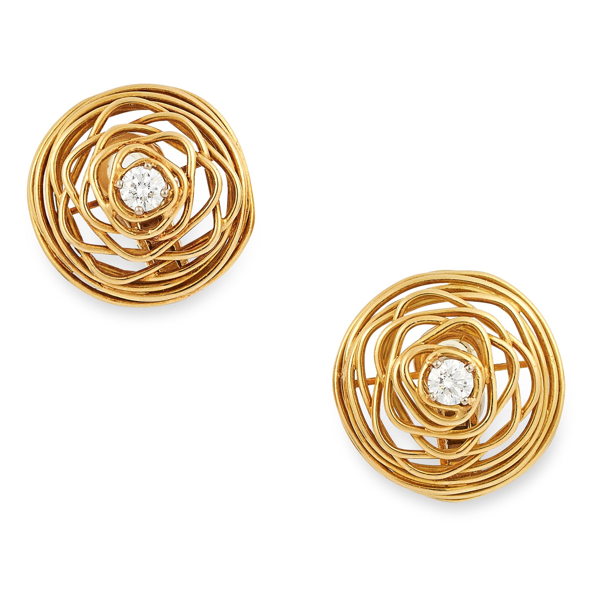 A DIAMOND CLIP EARRINGS, ANDREW GRIMA, CIRCA 1970 each of open wirework design set with a round
