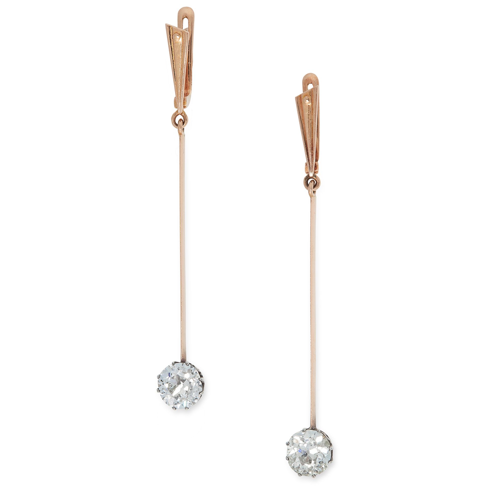 A PAIR OF DIAMOND DROP EARRINGS each comprising of a gold bar suspending an old European cut diamond