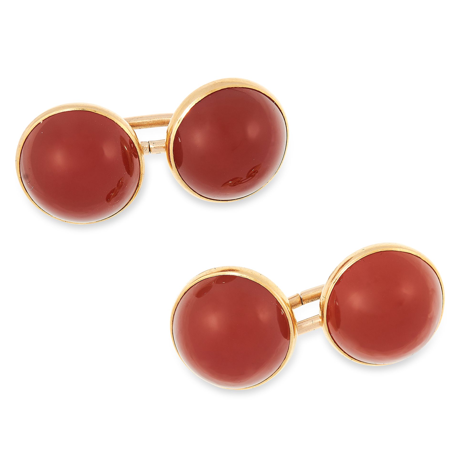 A PAIR OF ANTIQUE CARNELIAN CUFFLINKS each set with two carnelian cabochons, marked for 10ct