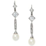 A PAIR OF ANTIQUE NATURAL PEARL AND DIAMOND EARRINGS each set with a natural pearl of 7.6mm and 7.