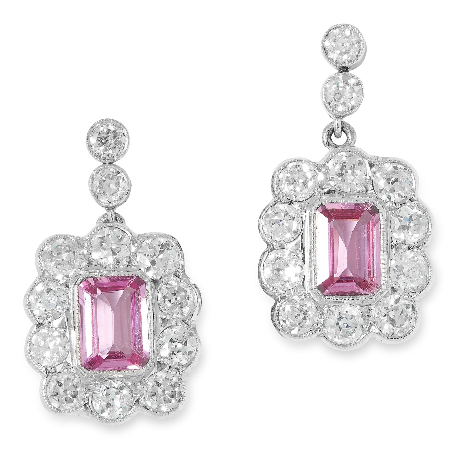 A PAIR OF PINK SAPPHIRE AND DIAMOND EARRINGS each set with an emerald cut pink sapphire totalling