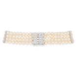 A PEARL AND DIAMOND CHOKER NECKLACE comprising of four rows of pearls and with round cut diamond