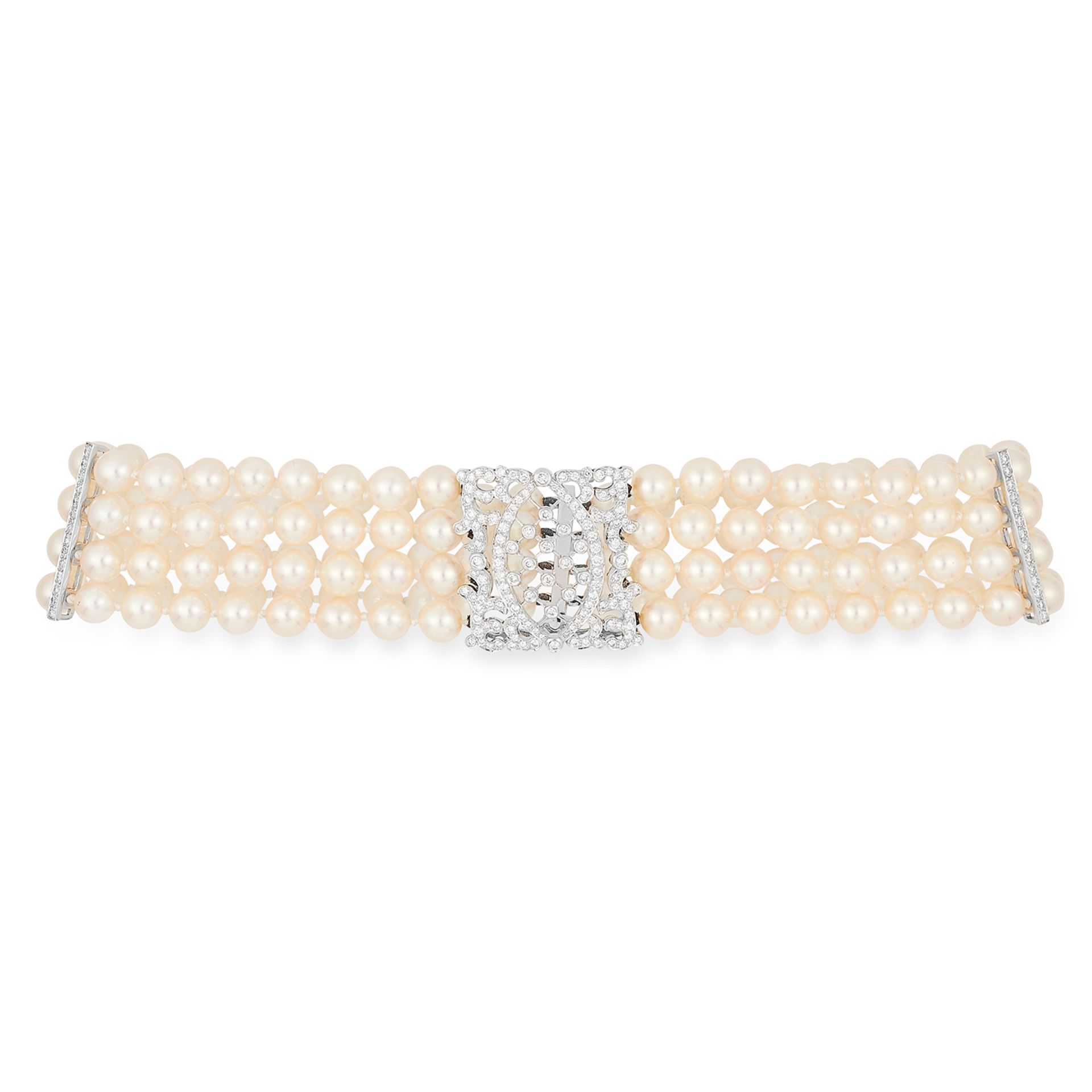 A PEARL AND DIAMOND CHOKER NECKLACE comprising of four rows of pearls and with round cut diamond