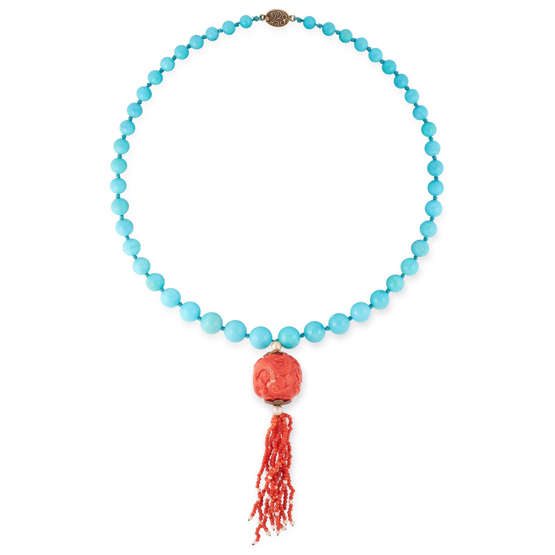 A CHINESE CARVED CORAL AND TURQUOISE NECKLACE comprising a single row of forty-six graduated round