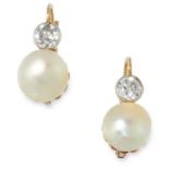 A PAIR OF ANTIQUE NATURAL PEARL AND DIAMOND EARRINGS each set with a natural pearl of 8.9mm and 8.