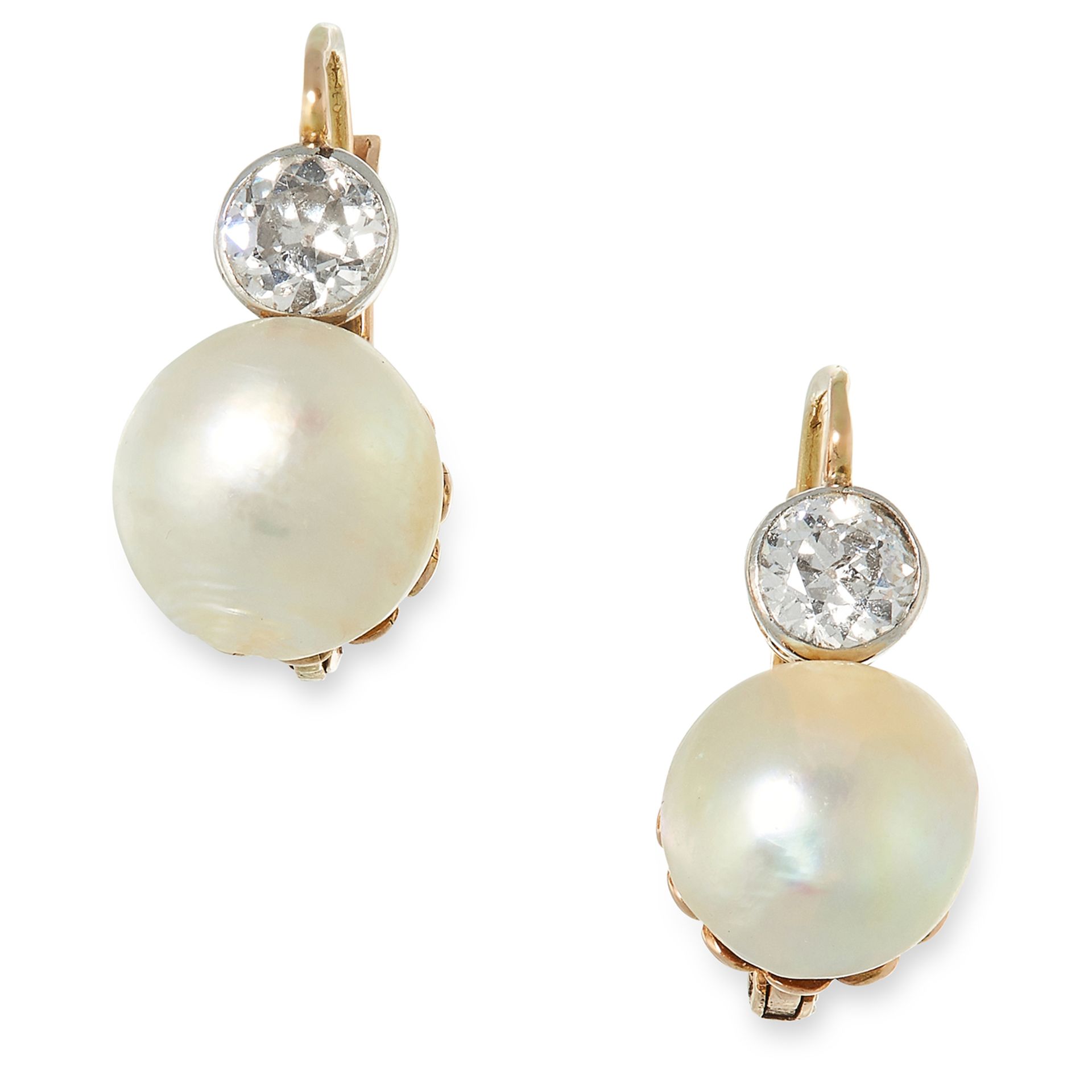 A PAIR OF ANTIQUE NATURAL PEARL AND DIAMOND EARRINGS each set with a natural pearl of 8.9mm and 8.