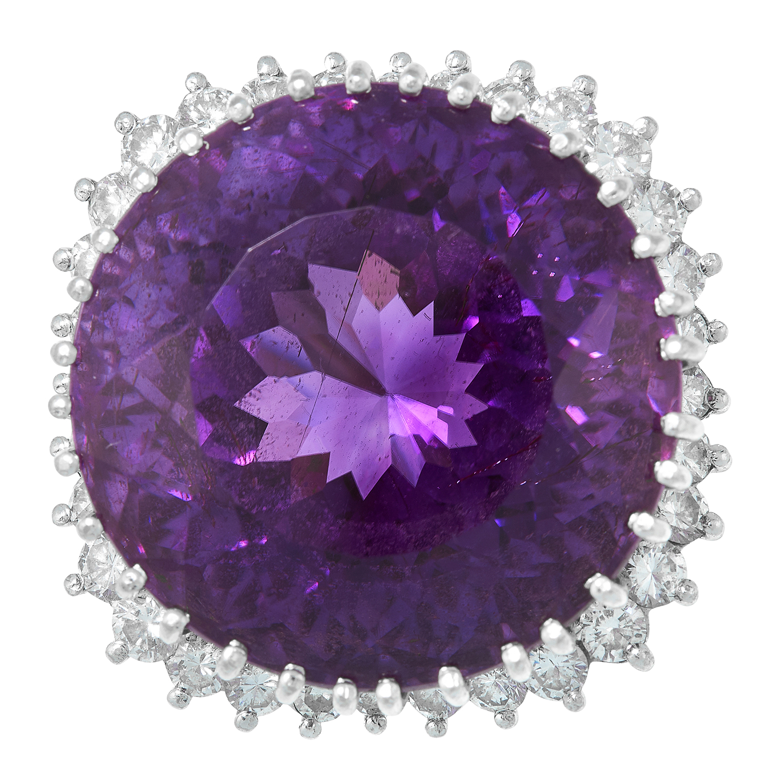 AN AMETHYST AND DIAMOND RING set with a large, round cut amethyst of 41.42 carats encircled by a