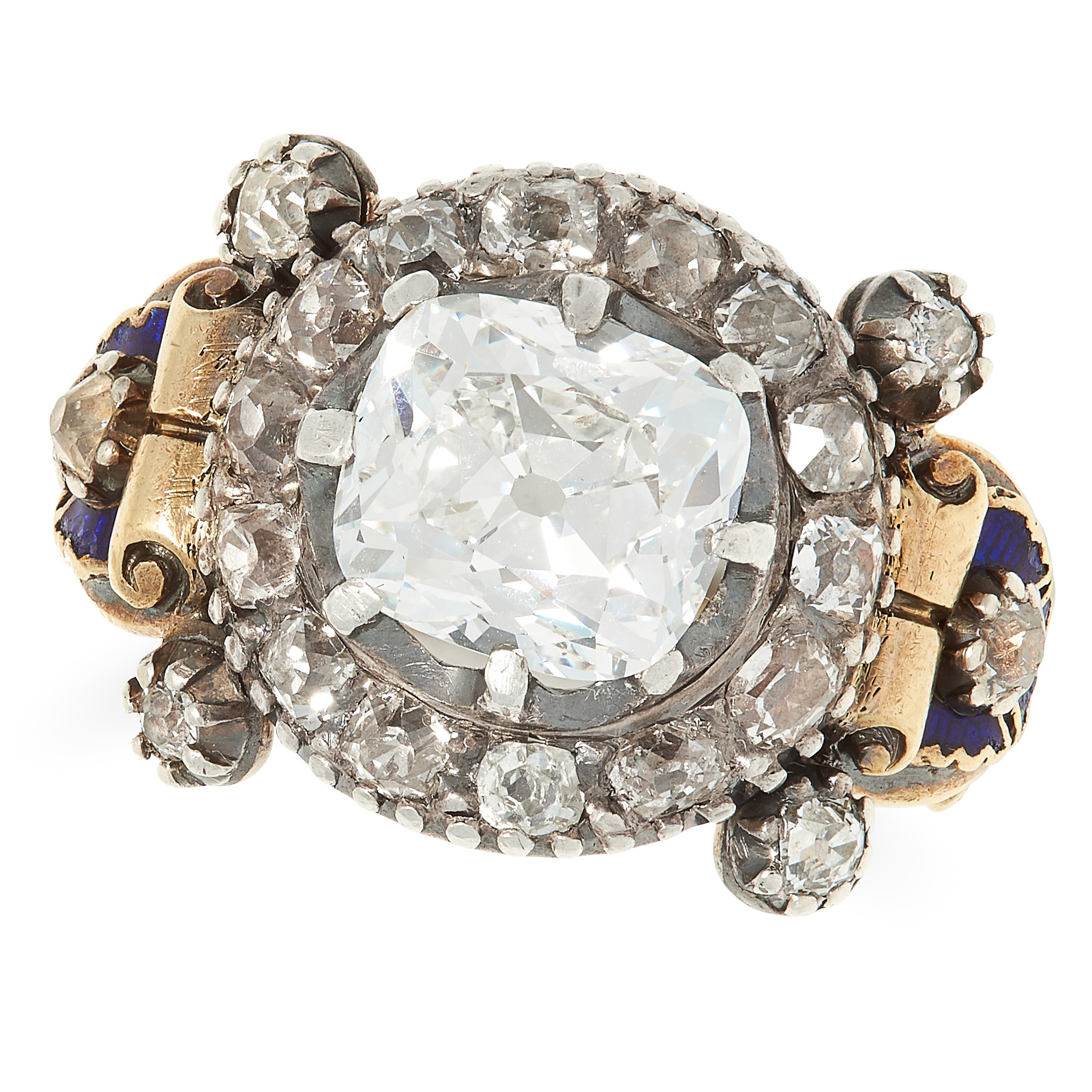 AN ANTIQUE 2.49 CARAT DIAMOND AND ENAMEL RING set with an old cut diamond of approximately 2.49