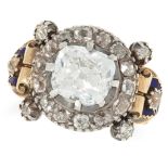 AN ANTIQUE 2.49 CARAT DIAMOND AND ENAMEL RING set with an old cut diamond of approximately 2.49