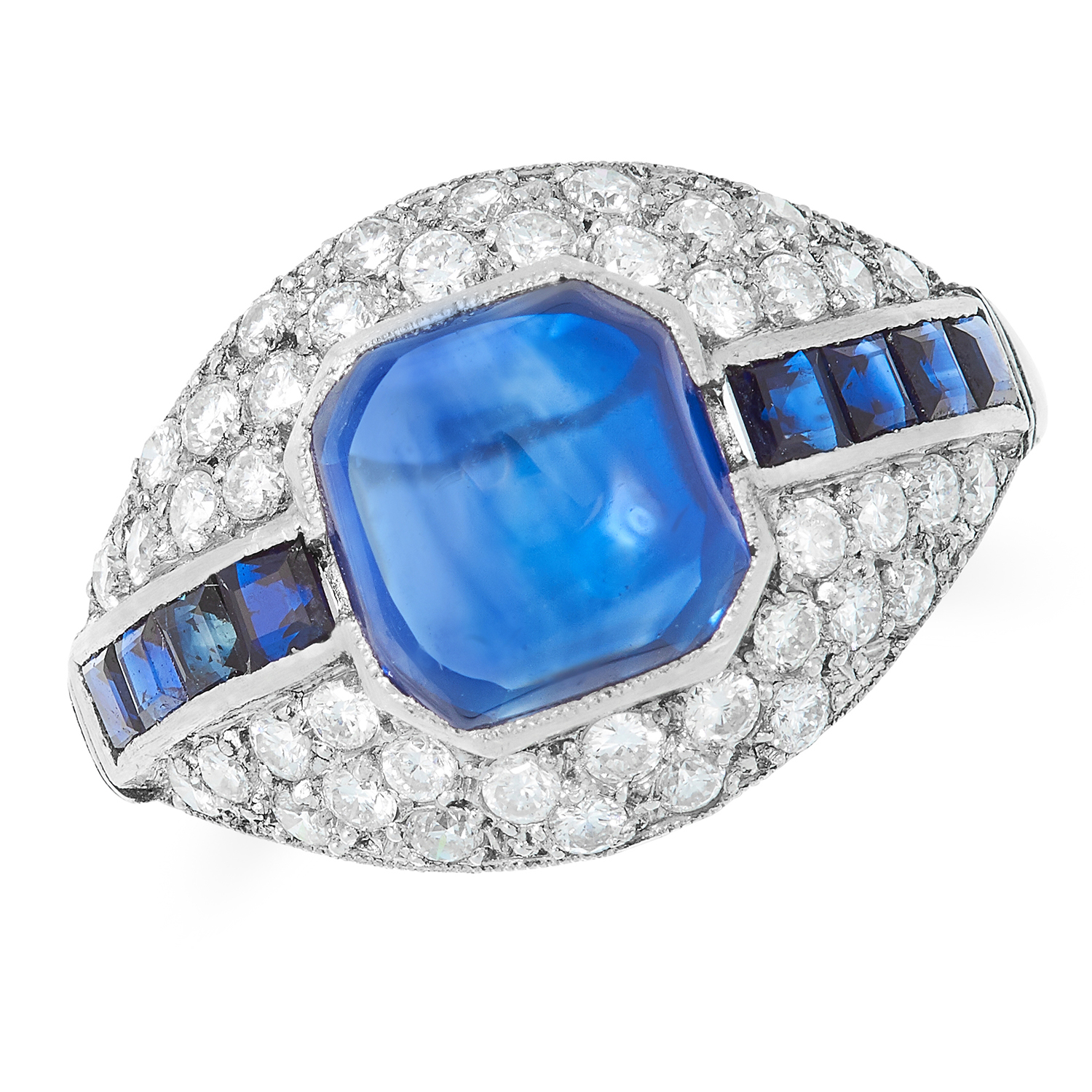 A SAPPHIRE AND DIAMOND RING set with a sugarloaf cabochon sapphire of 3.80 carats within a row of