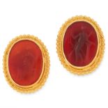 A PAIR OF GRECIAN CARVED HARDSTONE INTAGLIO EARRINGS set with carnelian panels reverse carved to