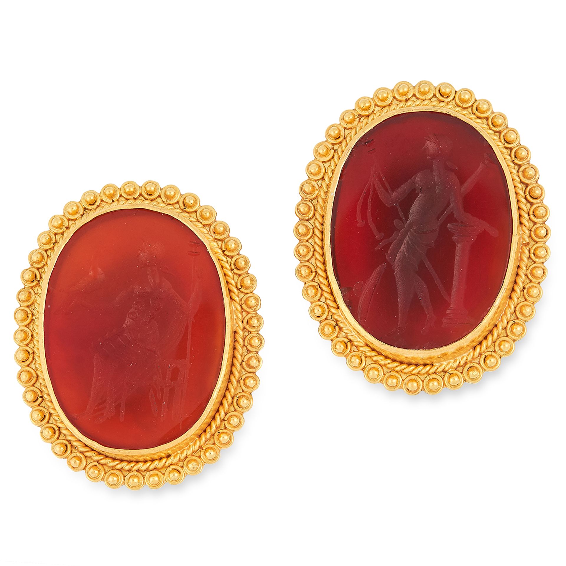 A PAIR OF GRECIAN CARVED HARDSTONE INTAGLIO EARRINGS set with carnelian panels reverse carved to