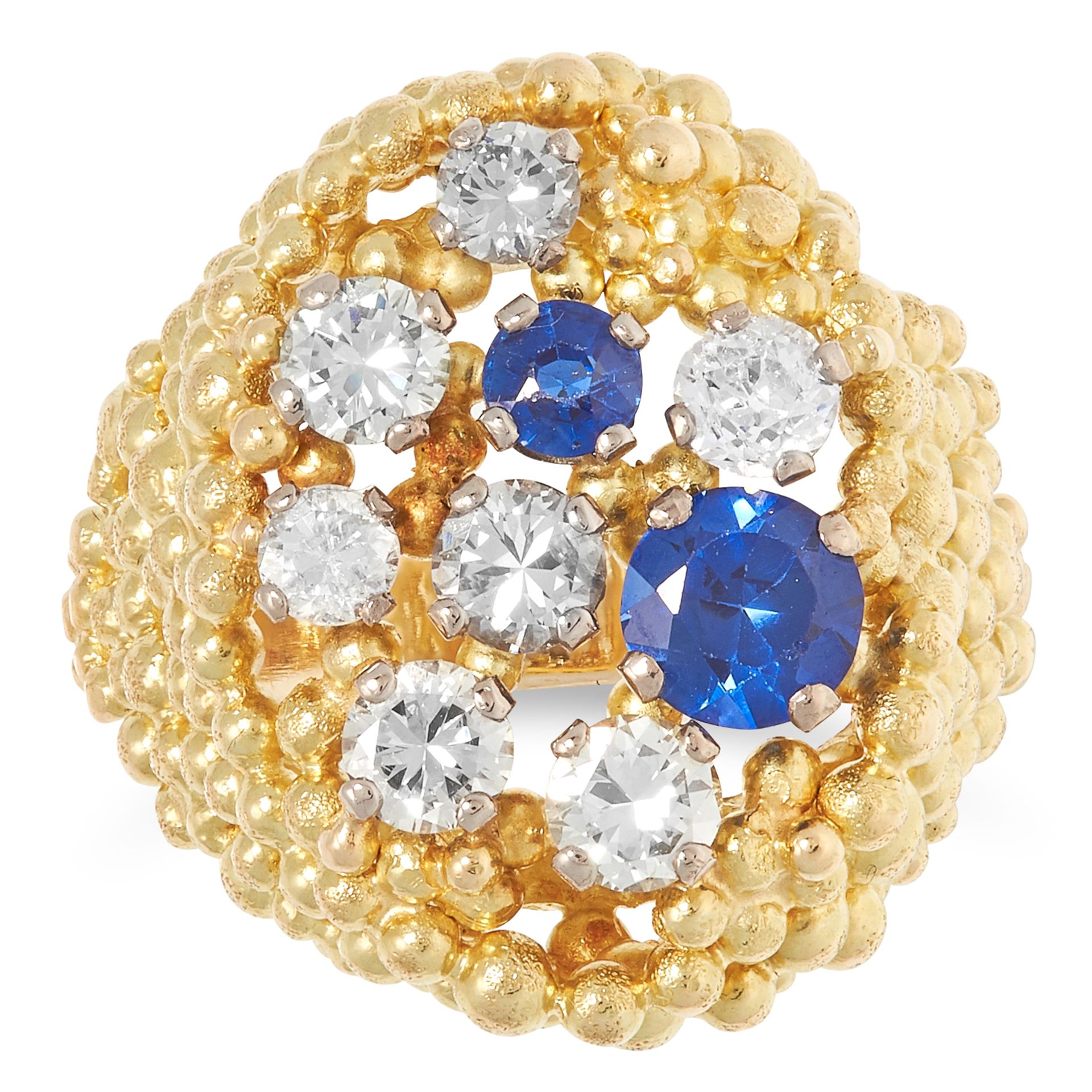 A DIAMOND AND SAPPHIRE RING, CHARLES DE TEMPLE 1972 the abstract beaded and textured design set with