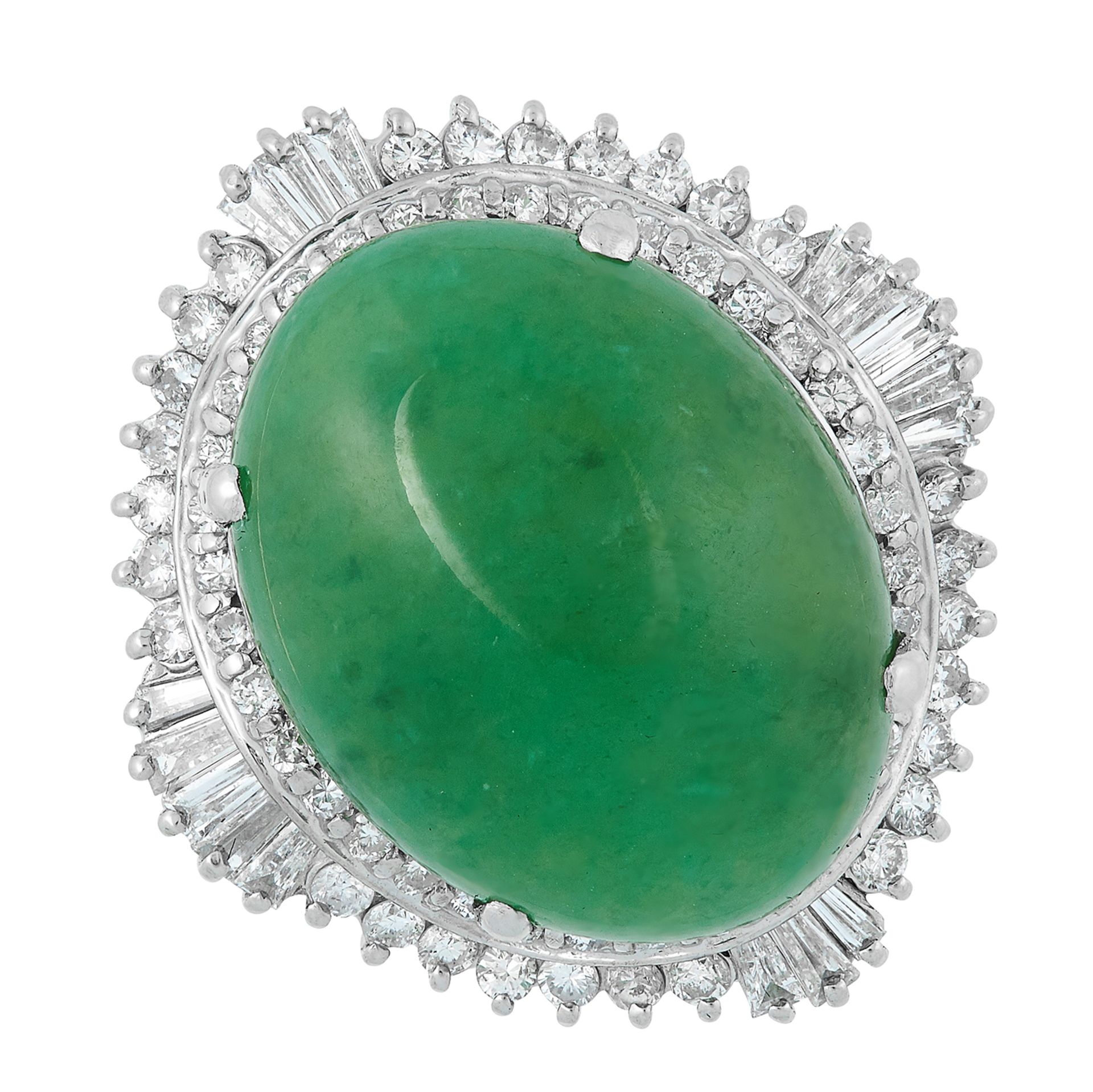 A JADEITE JADE AND DIAMOND RING set with an oval jadeite cabochon of 20.68 carats within a ballerina