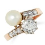 AN ANTIQUE PEARL AND DIAMOND TOI ET MOI RING set with an old cut diamond of 1.12 carats and a