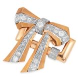A RETRO DIAMOND BOW BROOCH 1940s designed as a geometric ribbon and bow set with old cut diamonds